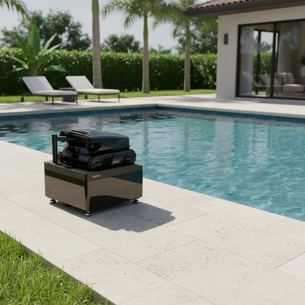 Beatbot AquaSense X with its self-cleaning station at the pool edge