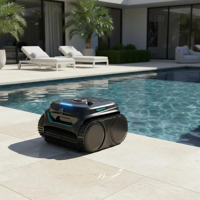WYBOT C2 Vision cordless cleaner navigating a pool floor using onboard cameras
