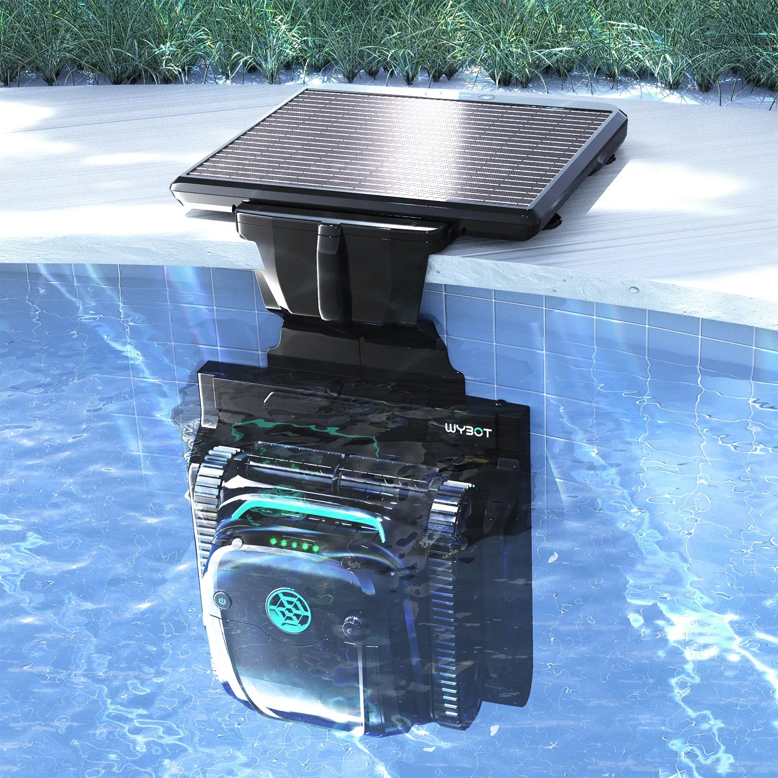 WYBOT S2 Solar cleaner parked on its solar dock inside the pool