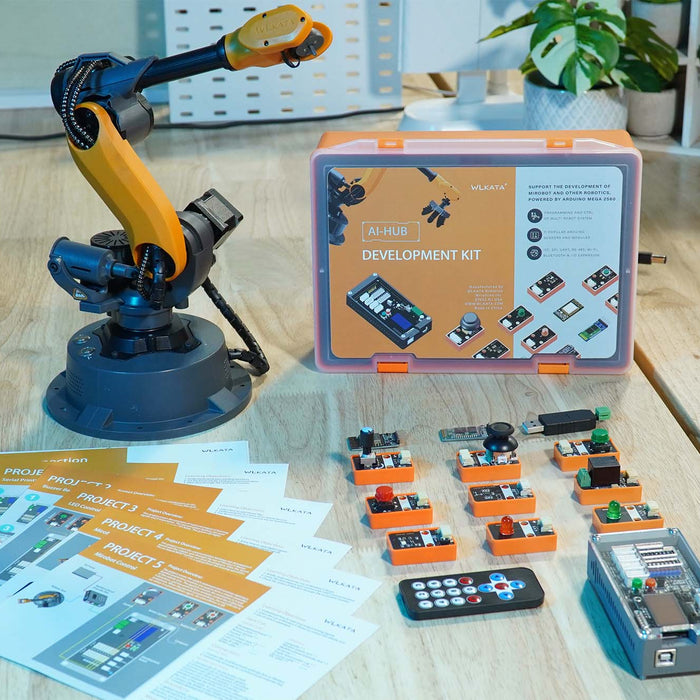 WLKATA AI-HUB AI Development Kit with controller board, sensors and its printed textbook