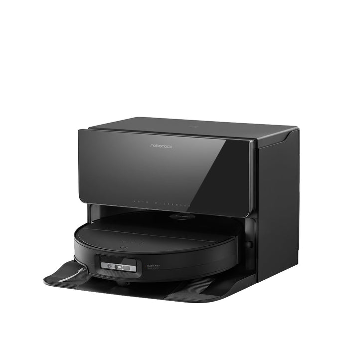 Roborock Saros 10 with its refill and drainage dock installed under a sink