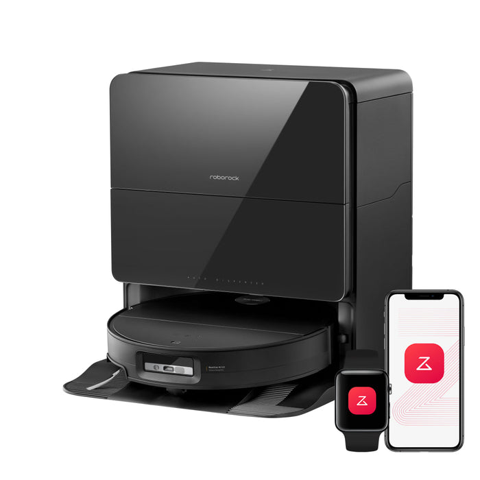 Roborock Saros 10 flagship robot vacuum docked in a modern living room