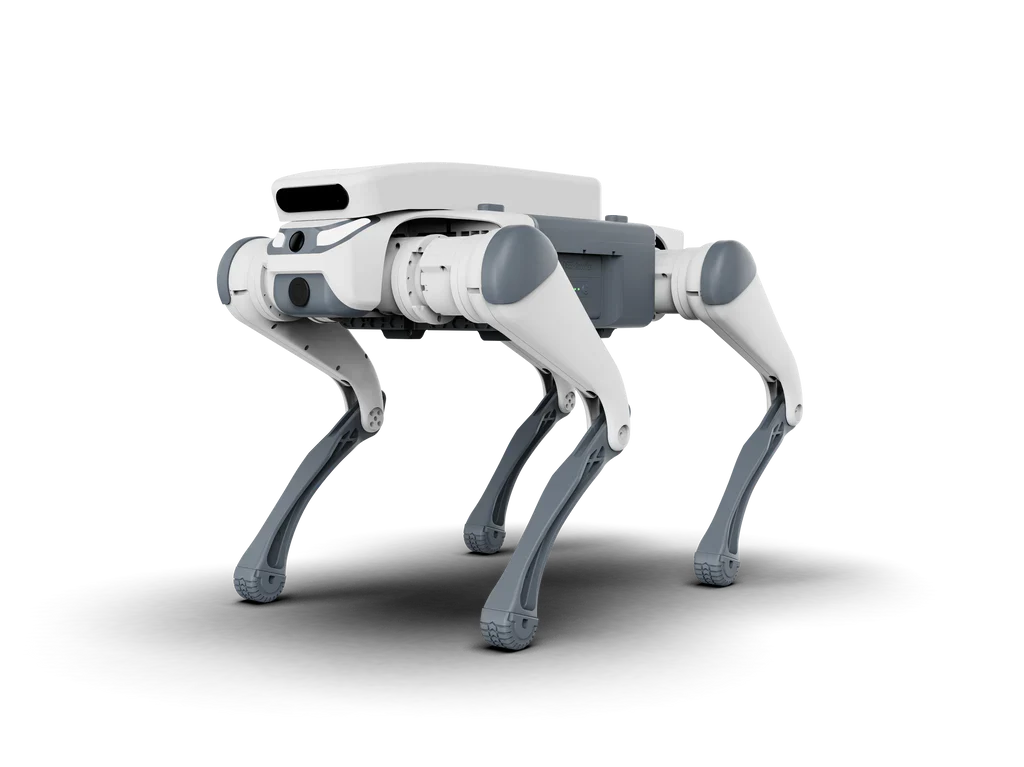 Deep Robotics Lite3 Pro quadruped mid-stride on uneven ground