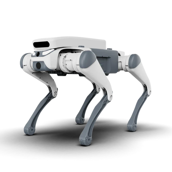 Deep Robotics Lite3 Pro quadruped mid-stride on uneven ground