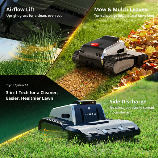 Lymow One Plus airflow lift, leaf mulching and side discharge — 3-in-1 cutting technology
