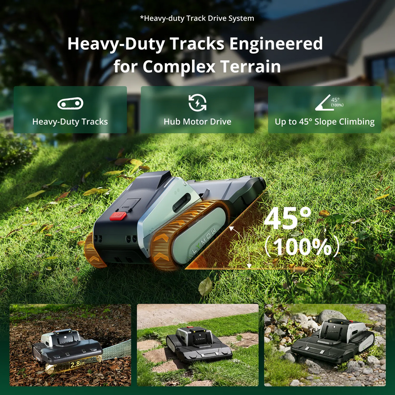 Lymow One Plus heavy-duty tracks climb slopes up to 45 degrees (100 percent incline)