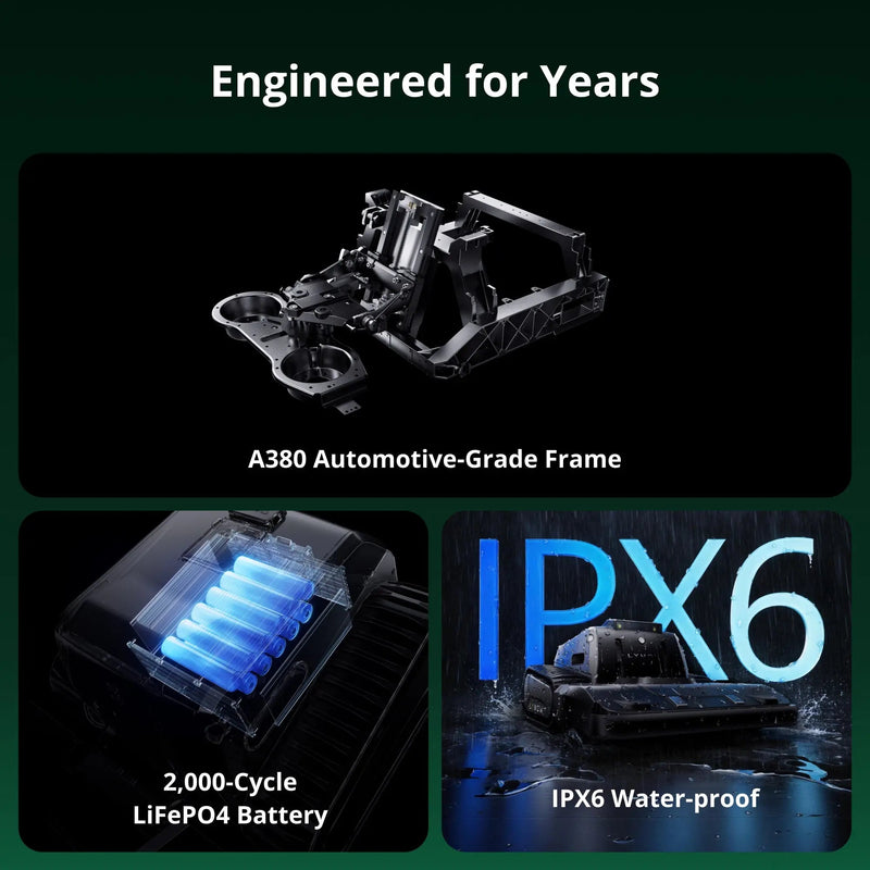 Lymow One Plus build — A380 automotive-grade frame, 2,000-cycle LiFePO4 battery, IPX6 waterproof