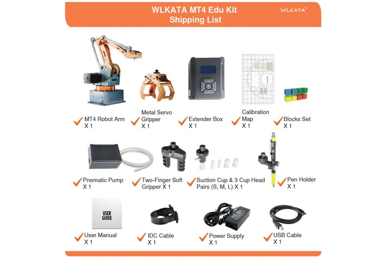 WLKATA MT4 Edu Kit - 0.1mm Repeatability Metal 4 Axis Robotic Arm, ROS2 Arduino Rebuildable