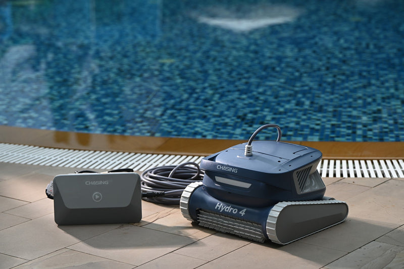 Chasing Hydro 4 corded pool cleaner and control box beside the pool