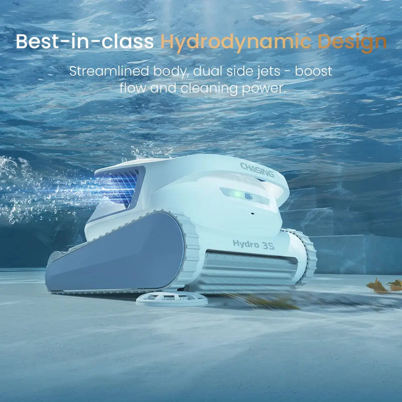 Chasing Hydro 3S cordless robotic pool cleaner in water