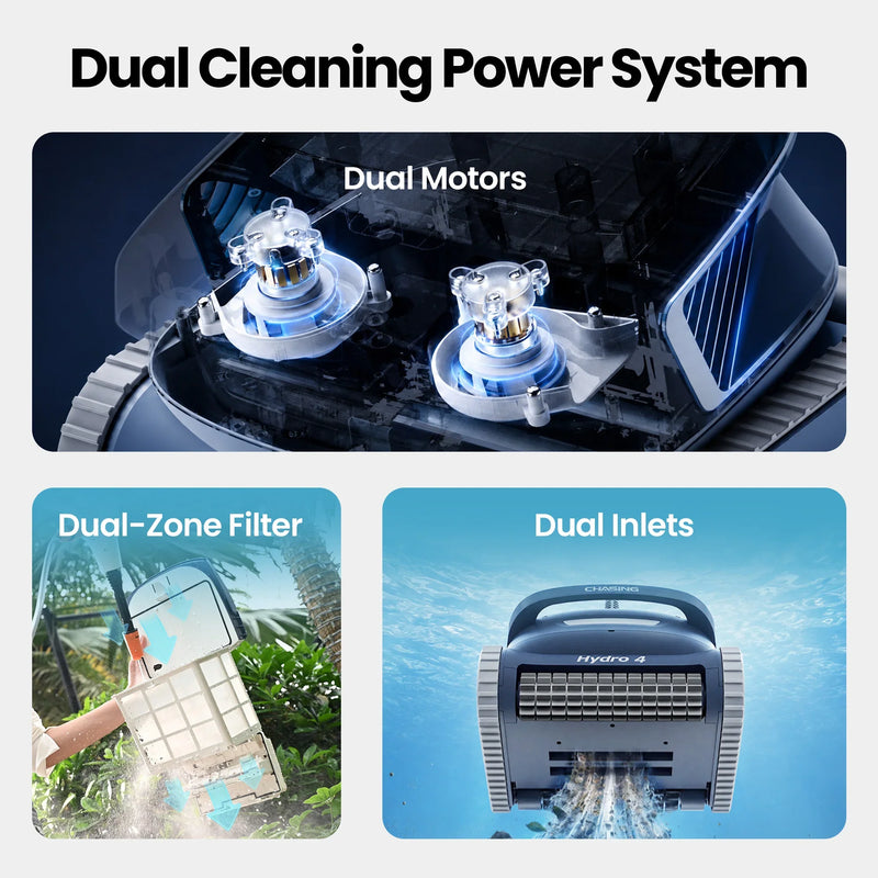 Chasing Hydro 4 dual cleaning power system: dual motors, dual-zone filter, dual inlets