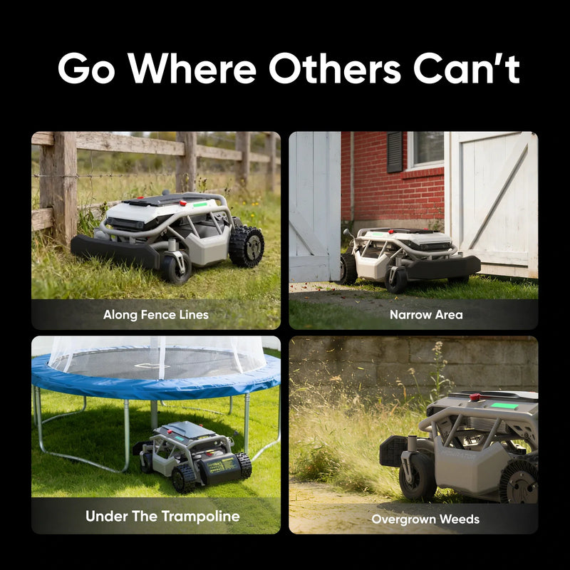 Mowrator S1 2WD maneuvering along fences, narrow areas, and under trampolines