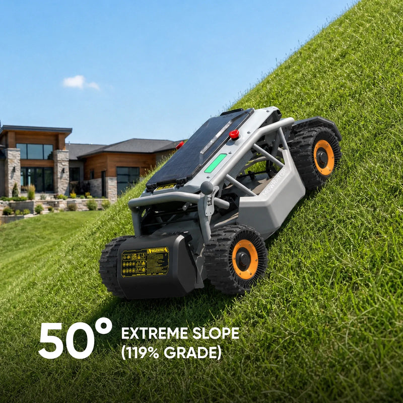Mowrator S1 climbing a 50-degree grassy slope
