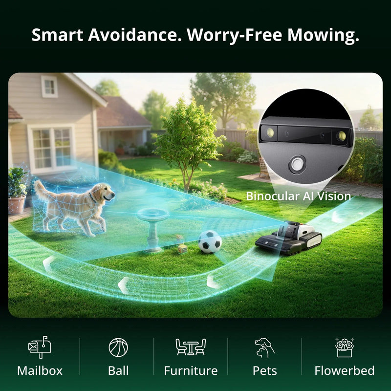 Lymow One Plus binocular AI vision avoids pets, toys, furniture and flowerbeds