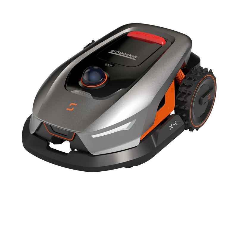 Sunseeker Elite X4 robotic lawn mower, studio view on white
