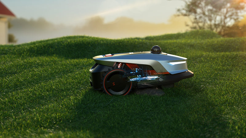 Sunseeker Elite X4 robotic lawn mower, floating cut system on uneven ground
