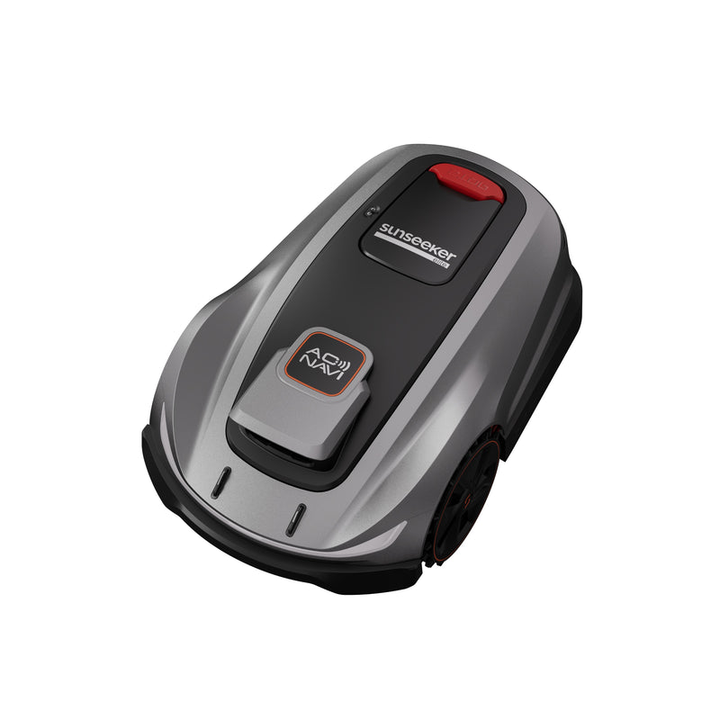 Sunseeker Elite X5 Gen 2 robotic lawn mower, top three-quarter view on white
