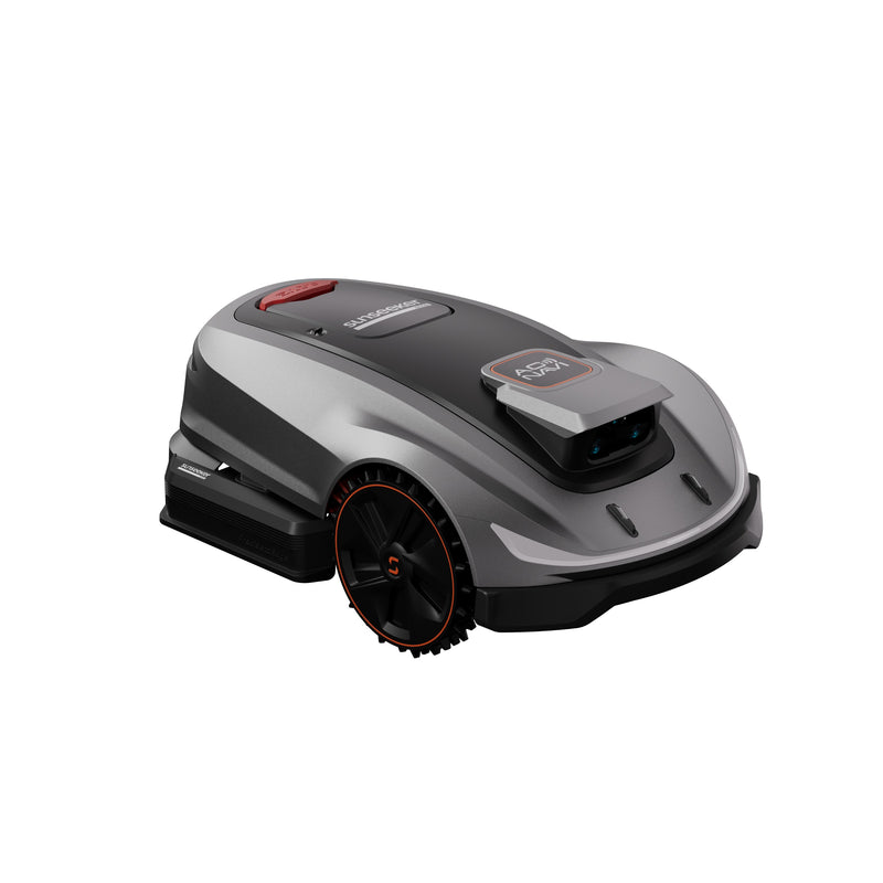 Sunseeker Elite X5 Gen 2 robotic lawn mower, rear three-quarter view on white