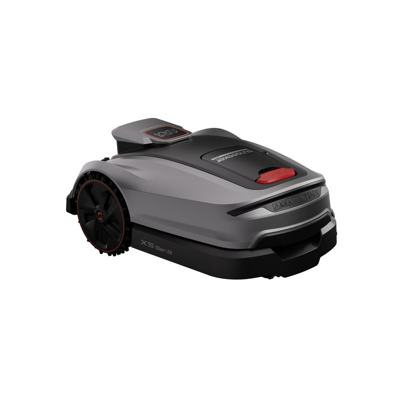 Sunseeker Elite X5 Gen 2 robotic lawn mower, front three-quarter view on white