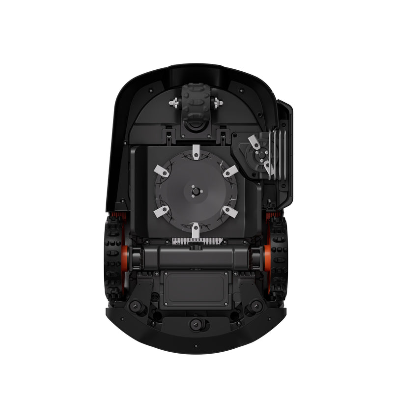 Sunseeker Elite X5 Gen 2 robotic lawn mower, underside chassis and cutting disc