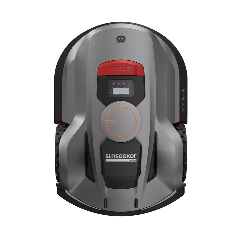 Sunseeker Elite X7 Gen 2 robotic lawn mower, top view on white