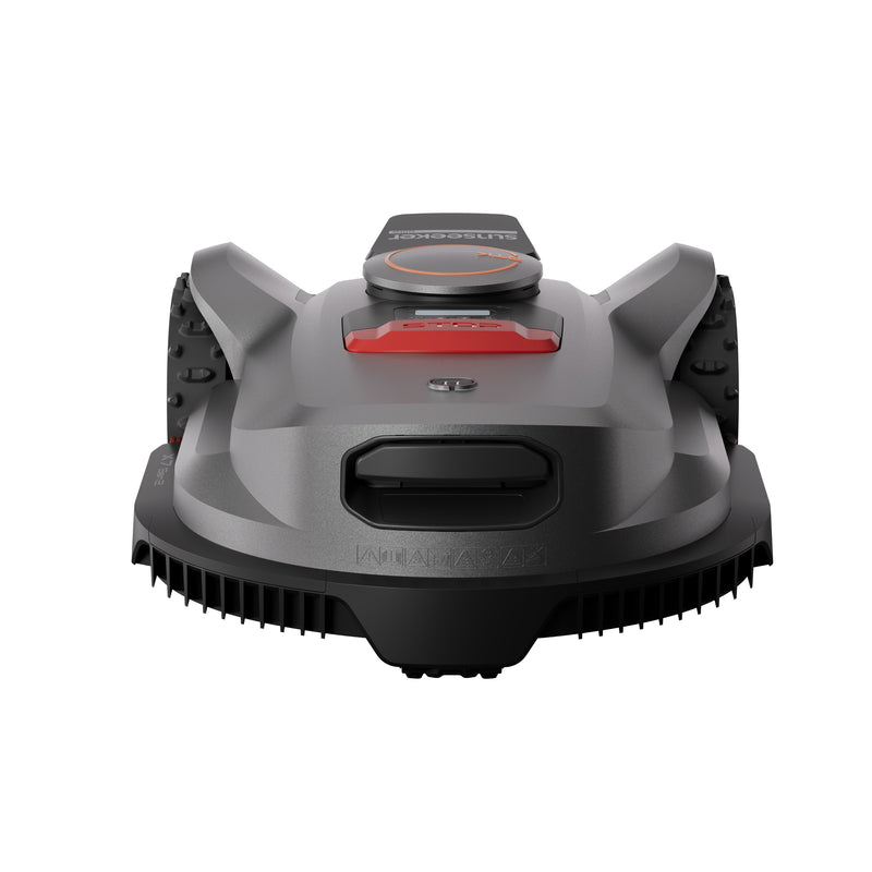 Sunseeker Elite X7 Gen 2 robotic lawn mower, front view from below on white