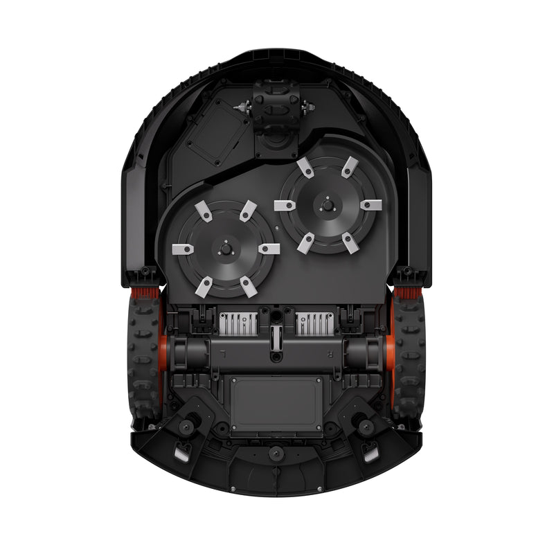 Sunseeker Elite X7 Gen 2 robotic lawn mower, underside chassis and cutting discs