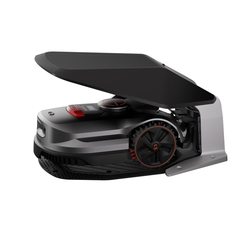 Sunseeker Elite X7 Plus Gen 2 robotic lawn mower, docked on the charging station