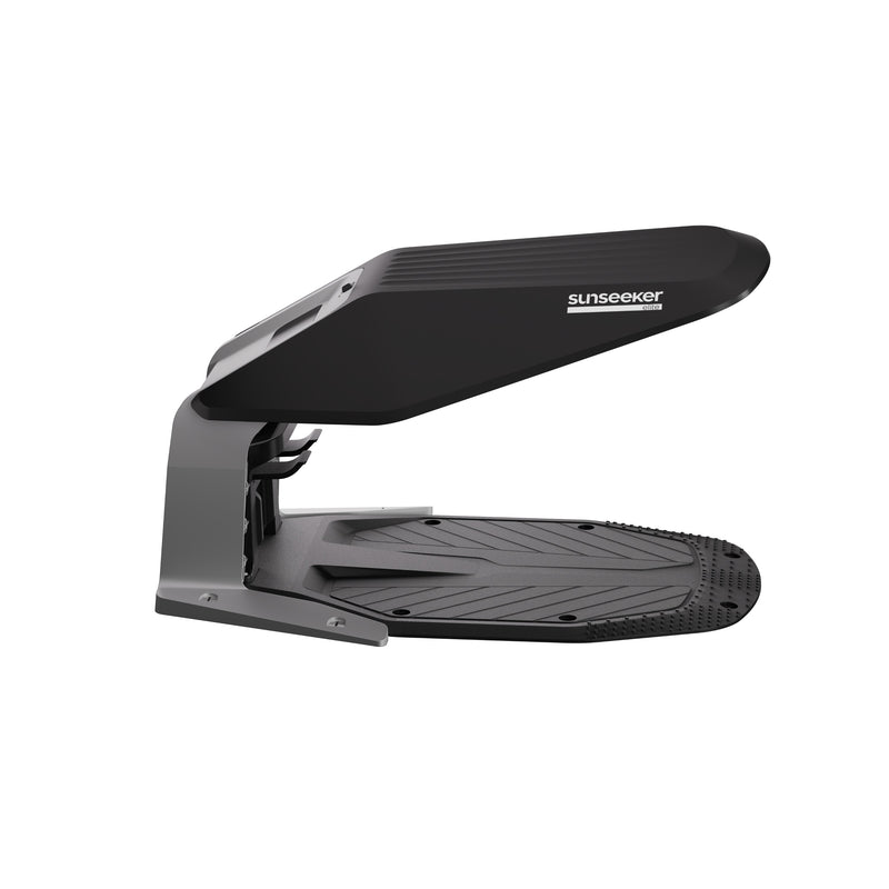 Sunseeker Elite X7 Plus Gen 2 robotic lawn mower, on the charging station with the optional garage