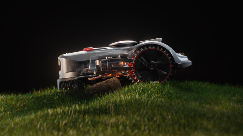 Sunseeker Elite X7 Plus Gen 2 robotic lawn mower, floating dual cutting discs on uneven ground