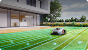 Sunseeker X4 avoiding obstacles on a residential lawn