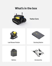 Yarbo Blower what is in the box: Core, Leaf Blower Module, Docking Station, battery, accessories