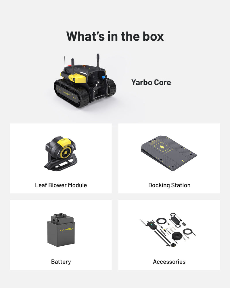 Yarbo Blower what is in the box: Core, Leaf Blower Module, Docking Station, battery, accessories