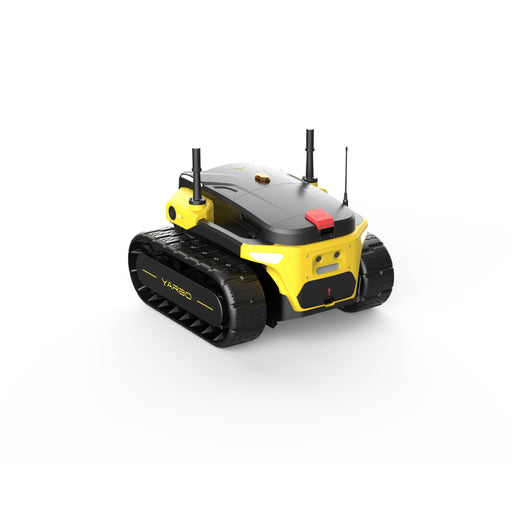 Yarbo Core tracked base unit with RTK antenna, rear three-quarter view