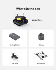 Yarbo Core what is in the box: Core, Docking Station, battery, tow hitch, accessories