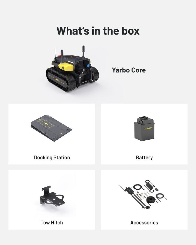 Yarbo Core what is in the box: Core, Docking Station, battery, tow hitch, accessories