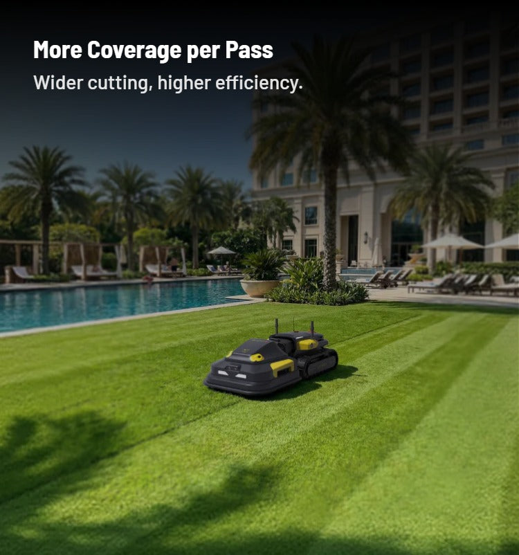 Yarbo Lawn Mower Pro feature: More Coverage per Pass. Wider cutting, higher efficiency.