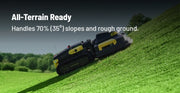 Yarbo Lawn Mower Pro feature: All-Terrain Ready. Handles 70 percent (35 degree) slopes and rough ground.