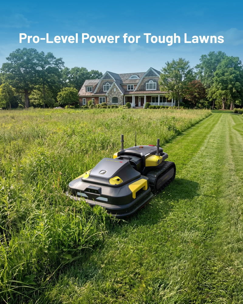 Yarbo Lawn Mower Pro cutting striped lawn in front of a house: pro-level power for tough lawns
