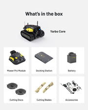 Yarbo Lawn Mower Pro what is in the box: Core, Mower Pro Module, Docking Station, battery, cutting discs, straight blades, accessories