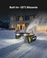 Yarbo Snow Blower clearing a driveway at night, built for minus 25 C blizzards