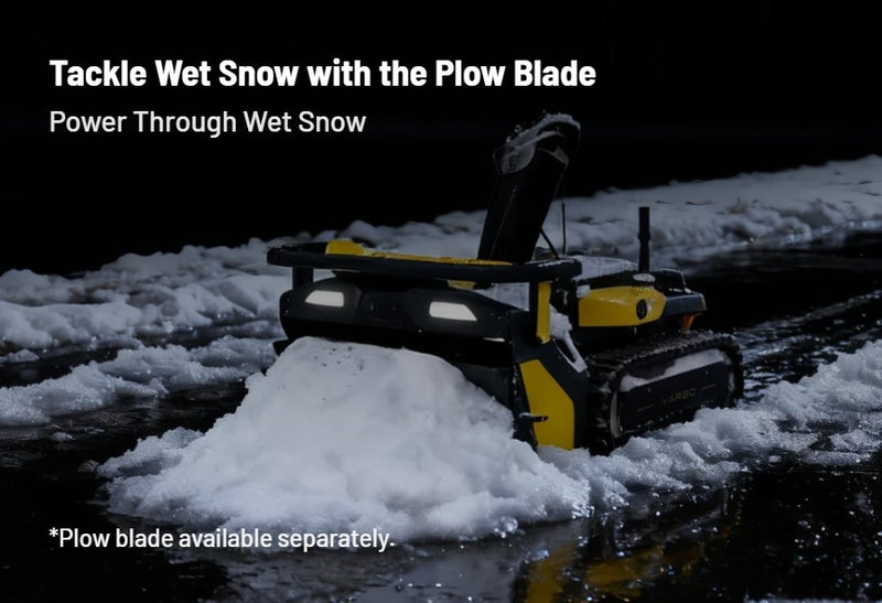 Yarbo Snow Blower feature: tackle wet snow with the plow blade. Plow blade available separately.
