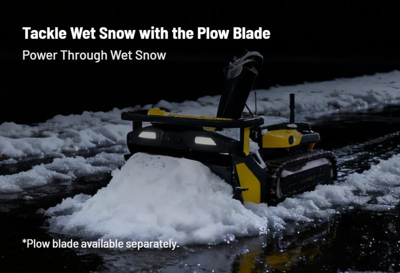 Yarbo Snow Blower Module feature: tackle wet snow with the plow blade. Plow blade available separately.