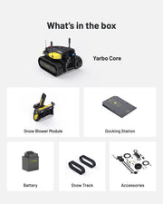 Yarbo Snow Blower what is in the box: Core, Snow Blower Module, Docking Station, battery, snow track, accessories